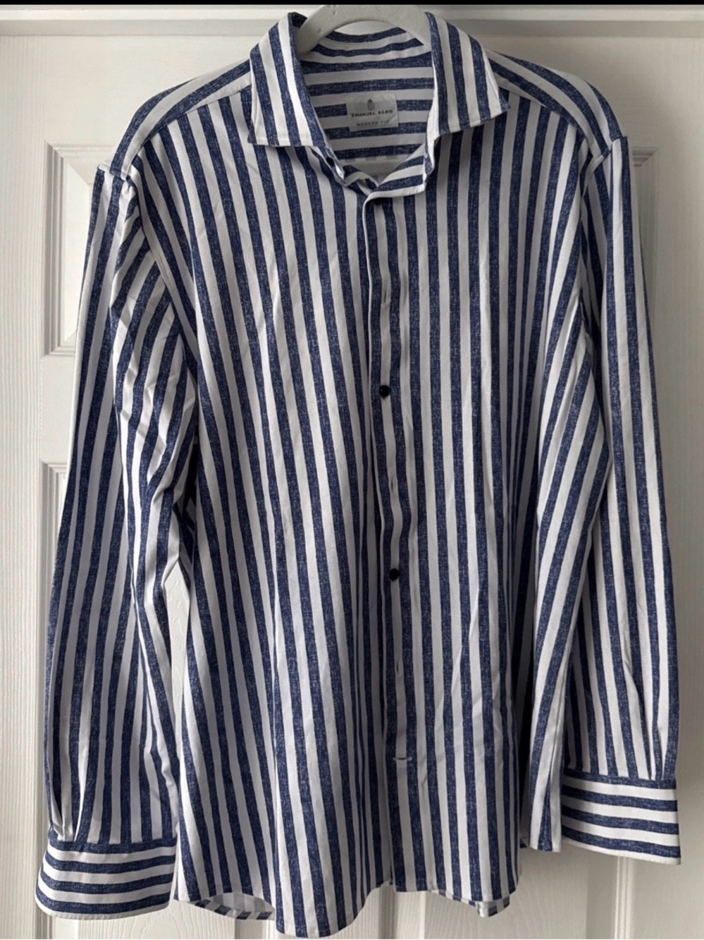 Emanuel Berg Shirt Mens L / XL Blue Stripe Modern Fit Long Sleeve Button 17”